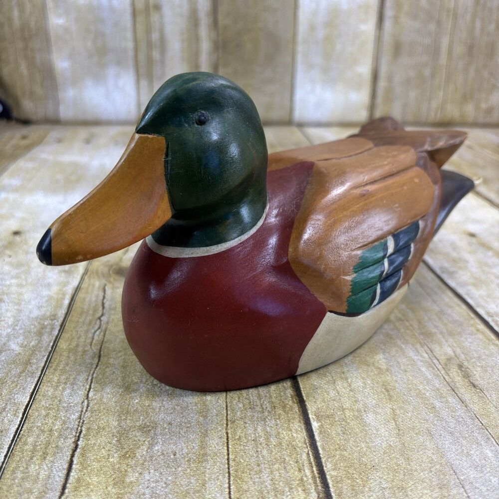Wood Carved Mallard Duck Figurine Decor 11" Hand Painted Drake Cabincore
